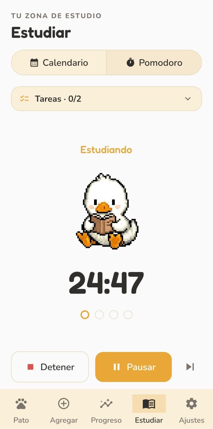 Pomodoro de Habit Duck con el pato leyendo y el temporizador