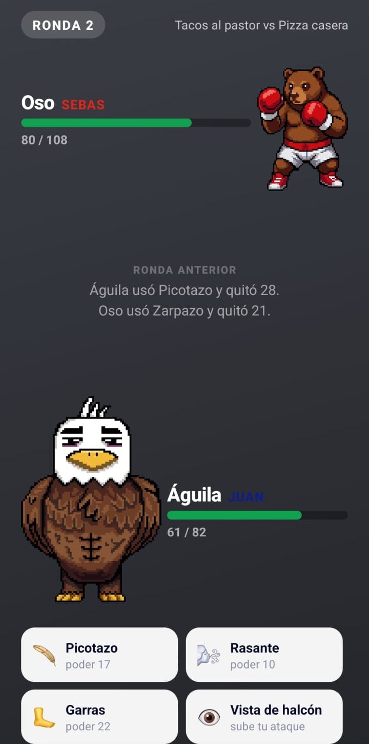 Segunda ronda del modo pelea, con el registro de los ataques y la vida de cada luchador