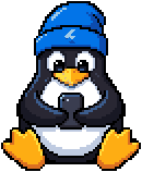 Tux, el pingüino de Linux, con un gorro de Flutter, mirando un celular